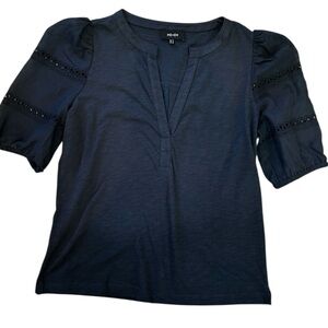 ME + EM blue cotton T-shirt with split neck elbow, length, puff sleeves size 6